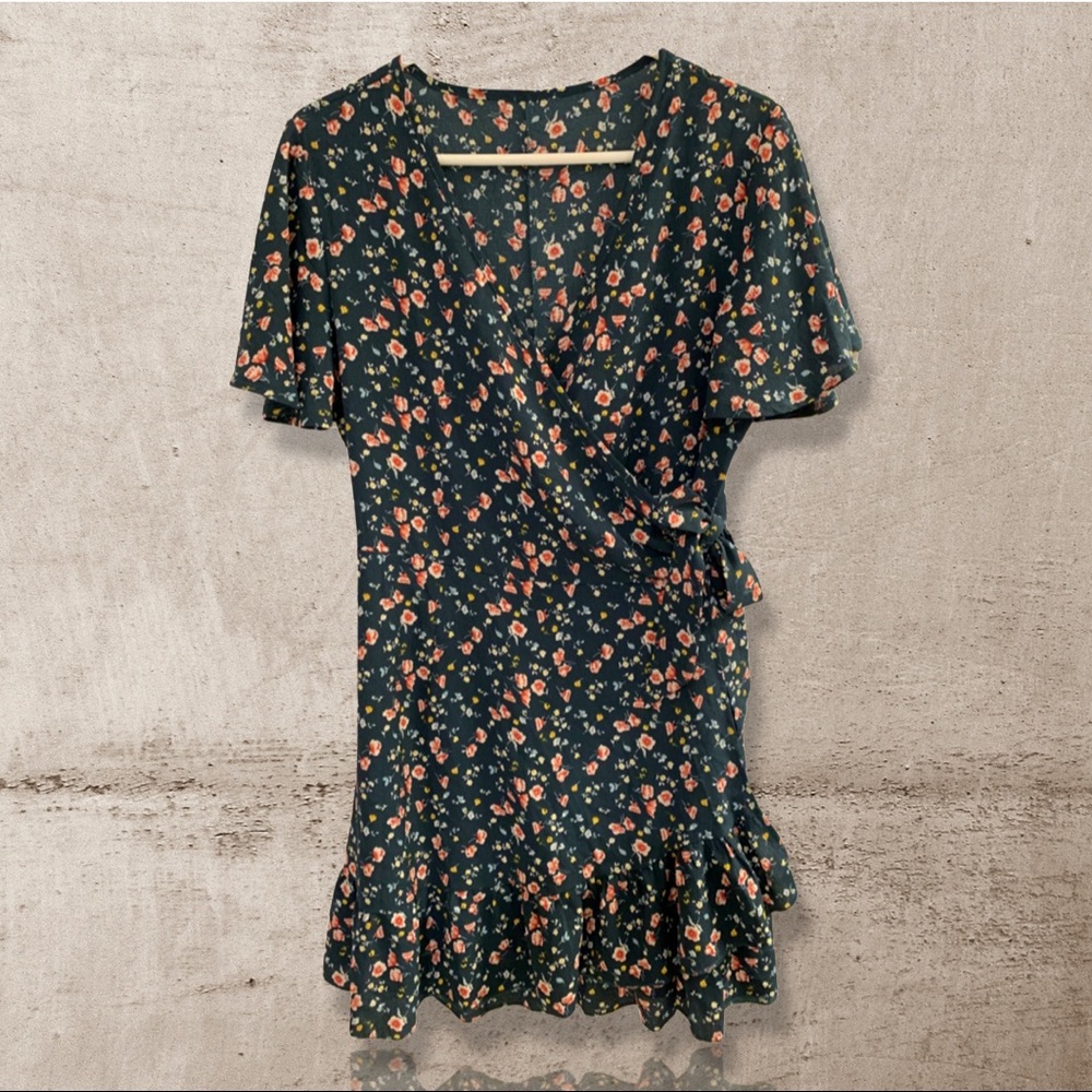 [NWOT] Breezy, Charcoal Blue-Pink/Yellow Floral Wrap-Around Summer Dress